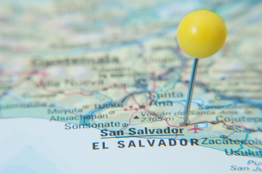 Close Up of Pin on map, San Salvador, El Salvador.